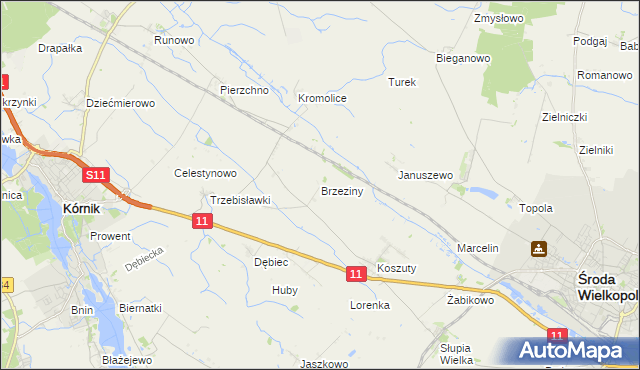 mapa Brzeziny gmina Środa Wielkopolska, Brzeziny gmina Środa Wielkopolska na mapie Targeo