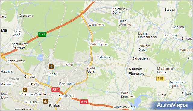 mapa Dąbrowa gmina Masłów, Dąbrowa gmina Masłów na mapie Targeo