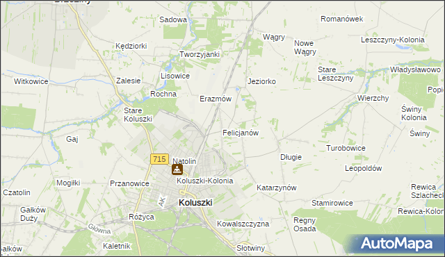 mapa Felicjanów gmina Koluszki, Felicjanów gmina Koluszki na mapie Targeo