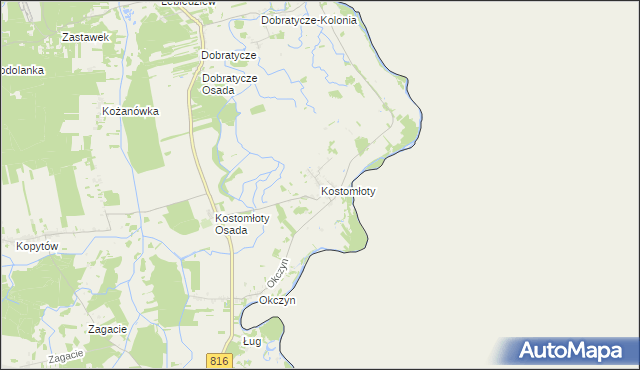 mapa Kostomłoty gmina Kodeń, Kostomłoty gmina Kodeń na mapie Targeo