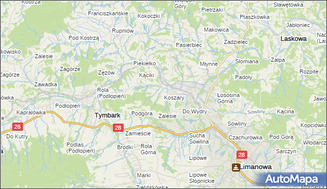 mapa Koszary gmina Limanowa, Koszary gmina Limanowa na mapie Targeo