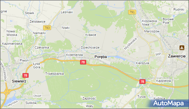 mapa Poręba powiat zawierciański, Poręba powiat zawierciański na mapie Targeo
