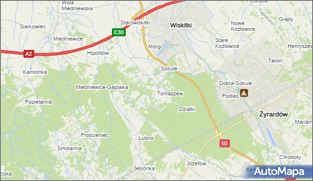 mapa Tomaszew gmina Wiskitki, Tomaszew gmina Wiskitki na mapie Targeo