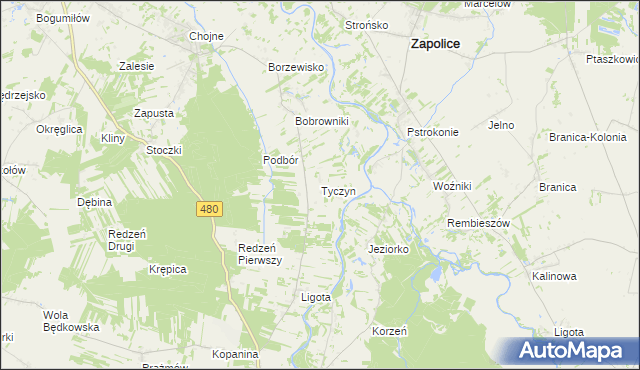 mapa Tyczyn gmina Burzenin, Tyczyn gmina Burzenin na mapie Targeo