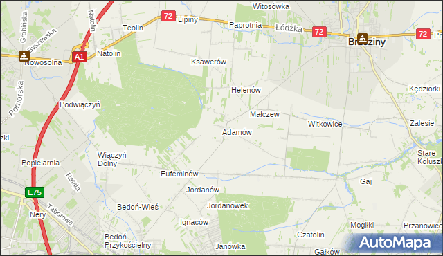 mapa Adamów gmina Brzeziny, Adamów gmina Brzeziny na mapie Targeo