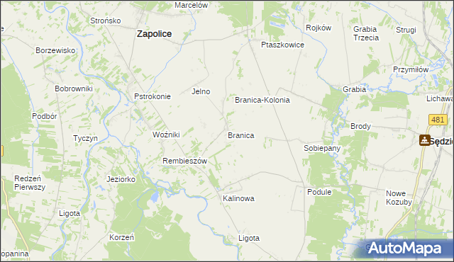 mapa Branica gmina Zapolice, Branica gmina Zapolice na mapie Targeo