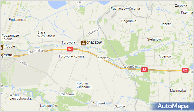 mapa Brzeziny gmina Puchaczów, Brzeziny gmina Puchaczów na mapie Targeo
