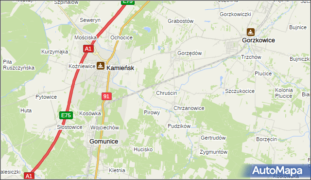 mapa Chruścin gmina Gomunice, Chruścin gmina Gomunice na mapie Targeo