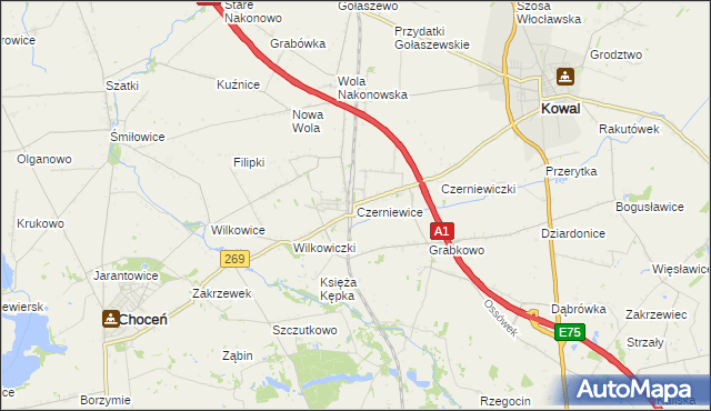 mapa Czerniewice gmina Choceń, Czerniewice gmina Choceń na mapie Targeo