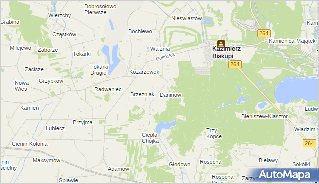 mapa Daninów gmina Kazimierz Biskupi, Daninów gmina Kazimierz Biskupi na mapie Targeo