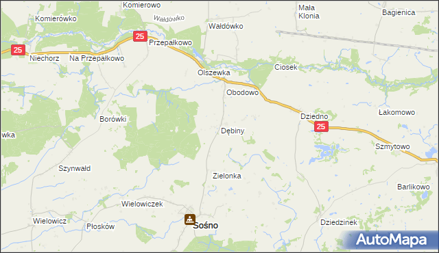 mapa Dębiny gmina Sośno, Dębiny gmina Sośno na mapie Targeo