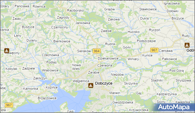 mapa Dziekanowice gmina Dobczyce, Dziekanowice gmina Dobczyce na mapie Targeo