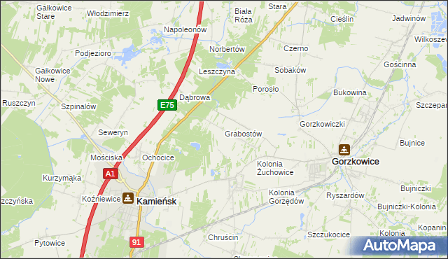 mapa Grabostów gmina Gorzkowice, Grabostów gmina Gorzkowice na mapie Targeo