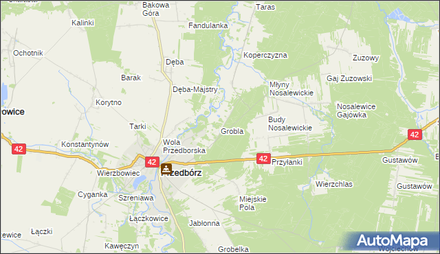 mapa Grobla gmina Przedbórz, Grobla gmina Przedbórz na mapie Targeo