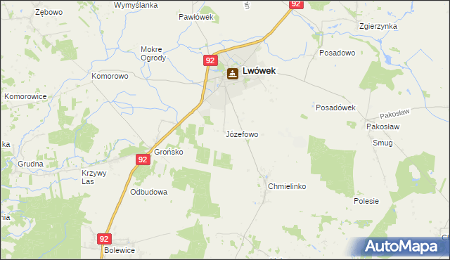 mapa Józefowo gmina Lwówek, Józefowo gmina Lwówek na mapie Targeo
