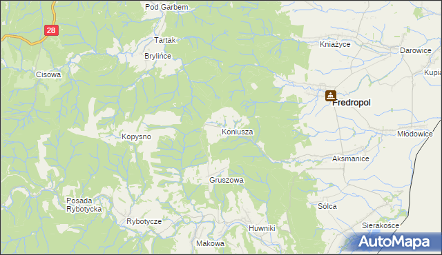 mapa Koniusza gmina Fredropol, Koniusza gmina Fredropol na mapie Targeo