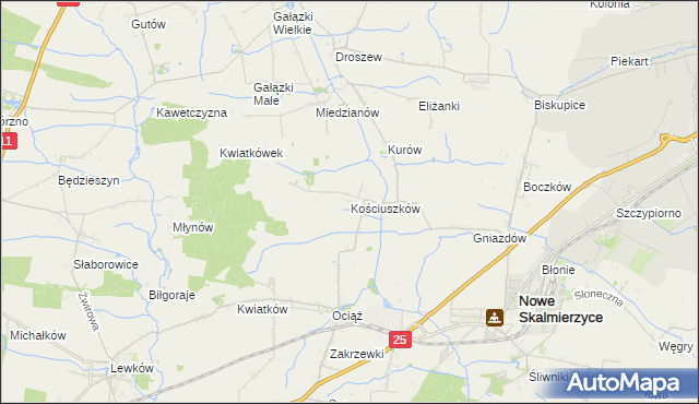 mapa Kościuszków gmina Nowe Skalmierzyce, Kościuszków gmina Nowe Skalmierzyce na mapie Targeo