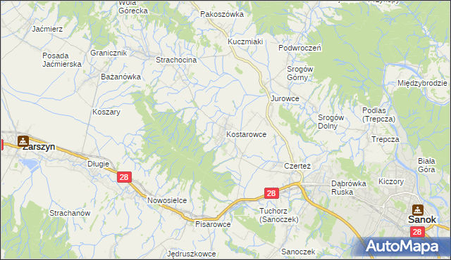 mapa Kostarowce, Kostarowce na mapie Targeo