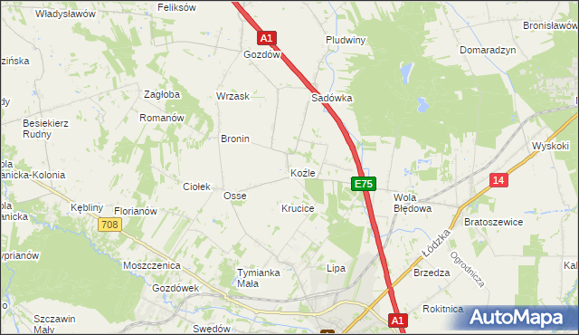 mapa Koźle gmina Stryków, Koźle gmina Stryków na mapie Targeo