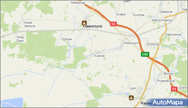 mapa Koźlice gmina Gaworzyce, Koźlice gmina Gaworzyce na mapie Targeo