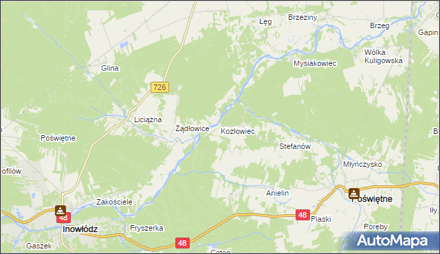 mapa Kozłowiec gmina Poświętne, Kozłowiec gmina Poświętne na mapie Targeo