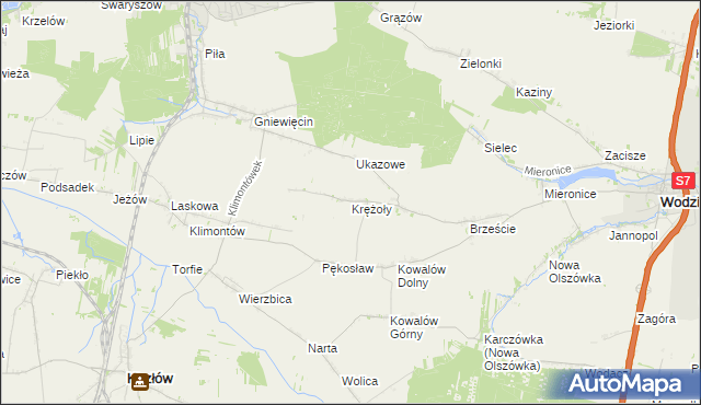mapa Krężoły gmina Wodzisław, Krężoły gmina Wodzisław na mapie Targeo