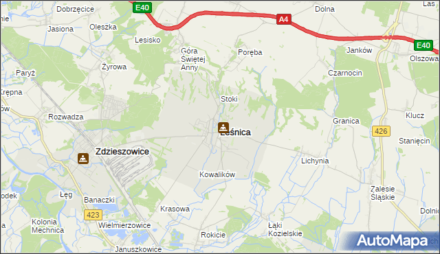 mapa Leśnica powiat strzelecki, Leśnica powiat strzelecki na mapie Targeo