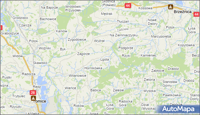 mapa Lgota gmina Tomice, Lgota gmina Tomice na mapie Targeo