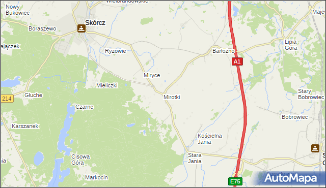 mapa Mirotki gmina Skórcz, Mirotki gmina Skórcz na mapie Targeo