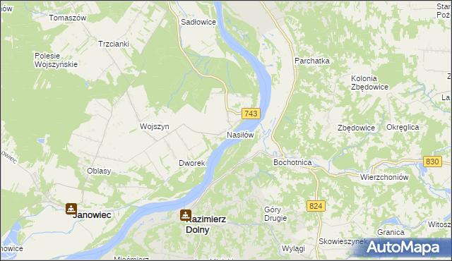 mapa Nasiłów gmina Janowiec, Nasiłów gmina Janowiec na mapie Targeo