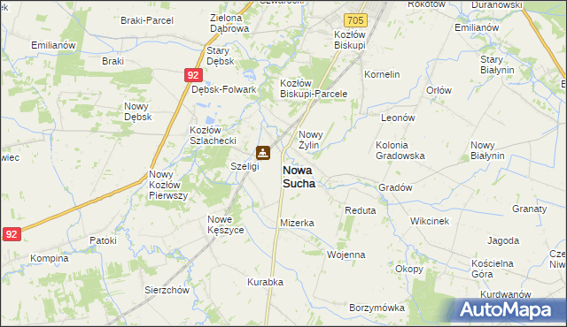 mapa Nowa Sucha powiat sochaczewski, Nowa Sucha powiat sochaczewski na mapie Targeo