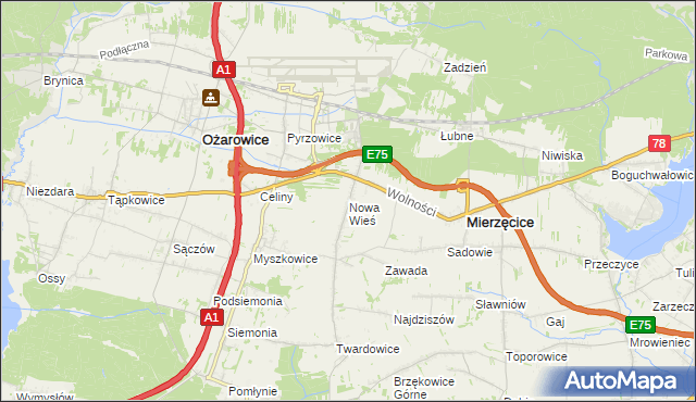 mapa Nowa Wieś gmina Mierzęcice, Nowa Wieś gmina Mierzęcice na mapie Targeo