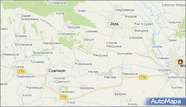 mapa Pełczyska gmina Złota, Pełczyska gmina Złota na mapie Targeo