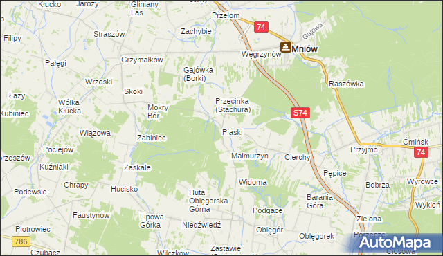 mapa Piaski gmina Mniów, Piaski gmina Mniów na mapie Targeo