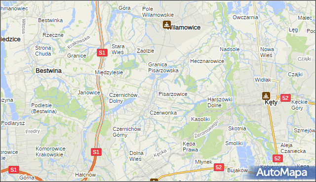 mapa Pisarzowice gmina Wilamowice, Pisarzowice gmina Wilamowice na mapie Targeo