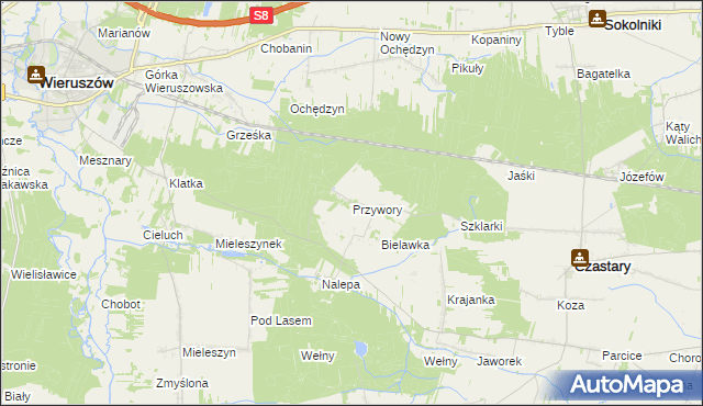 mapa Przywory gmina Czastary, Przywory gmina Czastary na mapie Targeo