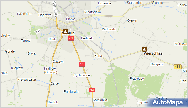 mapa Ruda gmina Wieluń, Ruda gmina Wieluń na mapie Targeo