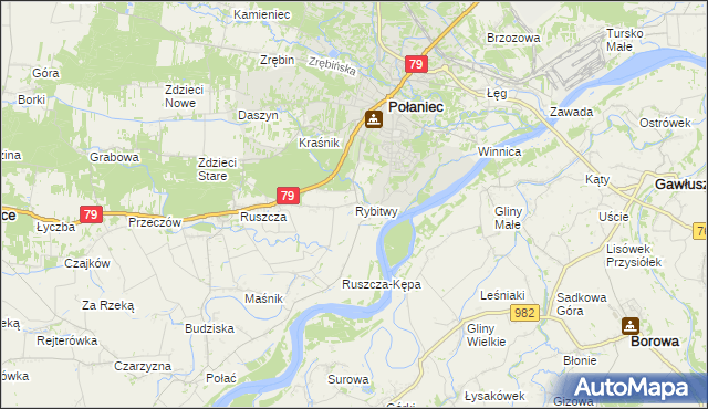 mapa Rybitwy gmina Połaniec, Rybitwy gmina Połaniec na mapie Targeo