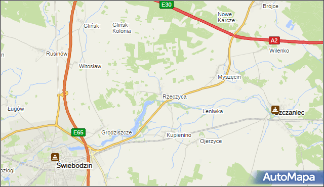 mapa Rzeczyca gmina Świebodzin, Rzeczyca gmina Świebodzin na mapie Targeo