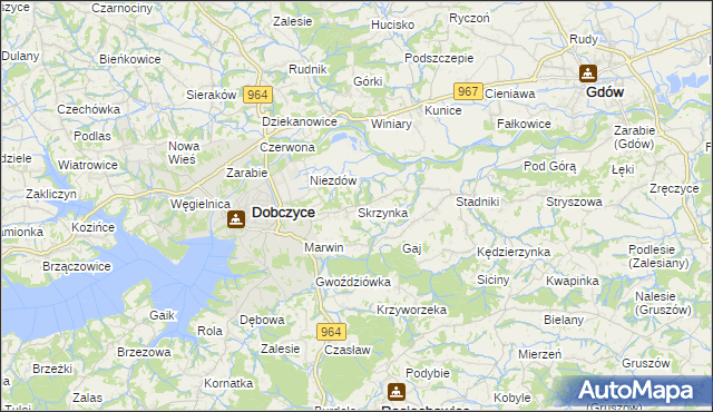 mapa Skrzynka gmina Dobczyce, Skrzynka gmina Dobczyce na mapie Targeo