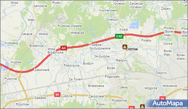 mapa Skrzyszów gmina Ostrów, Skrzyszów gmina Ostrów na mapie Targeo