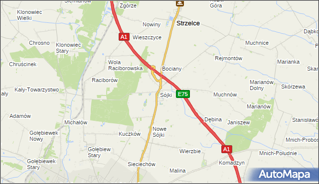 mapa Sójki gmina Strzelce, Sójki gmina Strzelce na mapie Targeo