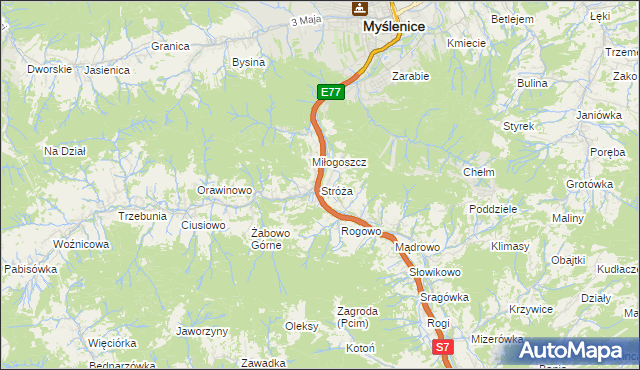 mapa Stróża gmina Pcim, Stróża gmina Pcim na mapie Targeo