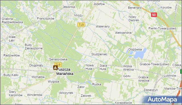 mapa Studzieniec gmina Puszcza Mariańska, Studzieniec gmina Puszcza Mariańska na mapie Targeo