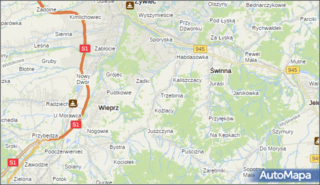 mapa Trzebinia gmina Świnna, Trzebinia gmina Świnna na mapie Targeo