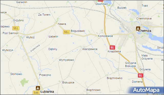 mapa Warszewice gmina Łubianka, Warszewice gmina Łubianka na mapie Targeo