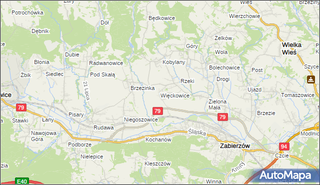 mapa Więckowice gmina Zabierzów, Więckowice gmina Zabierzów na mapie Targeo