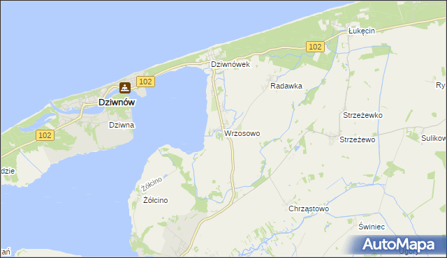 mapa Wrzosowo gmina Kamień Pomorski, Wrzosowo gmina Kamień Pomorski na mapie Targeo