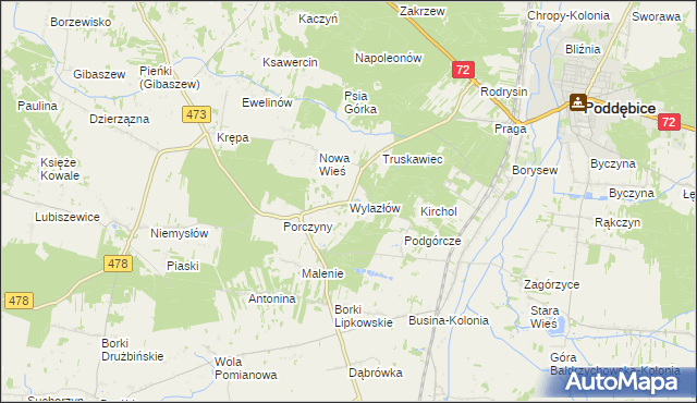 mapa Wylazłów gmina Poddębice, Wylazłów gmina Poddębice na mapie Targeo