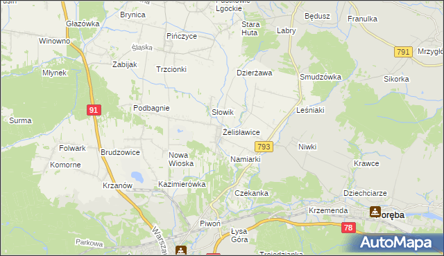 mapa Żelisławice gmina Siewierz, Żelisławice gmina Siewierz na mapie Targeo